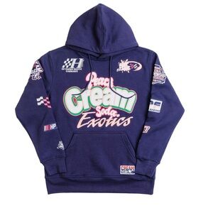 Graphic Strains Navy Blue Cream Hoodie with Colorful Logos